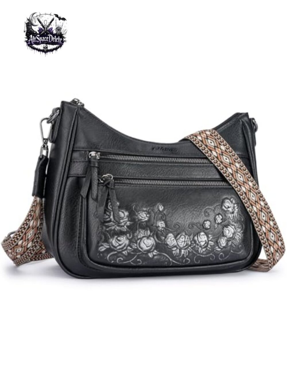 Vegan Leather Crossbody Hobo Purse 3D Rose Medium Adjustable Strap